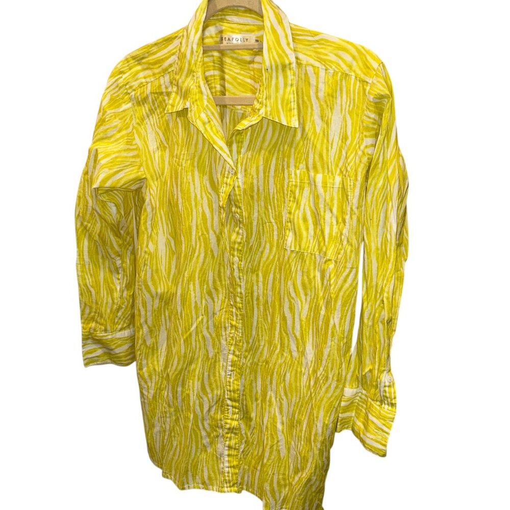 sea folly australia neon yellow tree veins print button down cotton shirt S